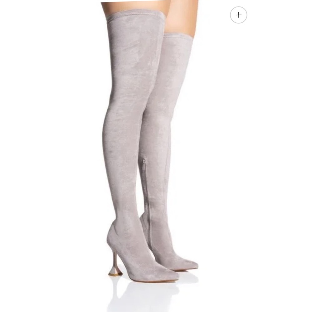 Grey stretch thigh high boots
